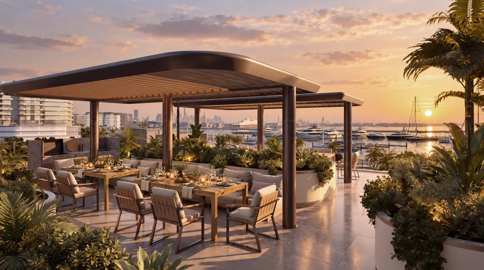 Covered barbecue and outdoor dining area facing the marina