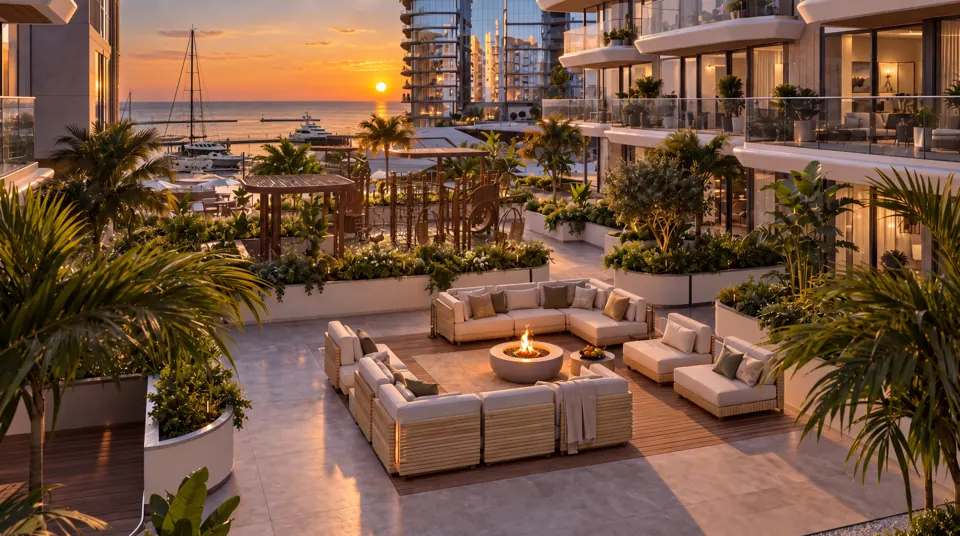 Landscaped outdoor lounge with a central fire feature and marina views