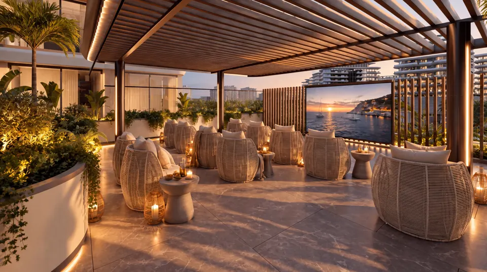 Outdoor cinema with lounge seating beneath a timber pergola
