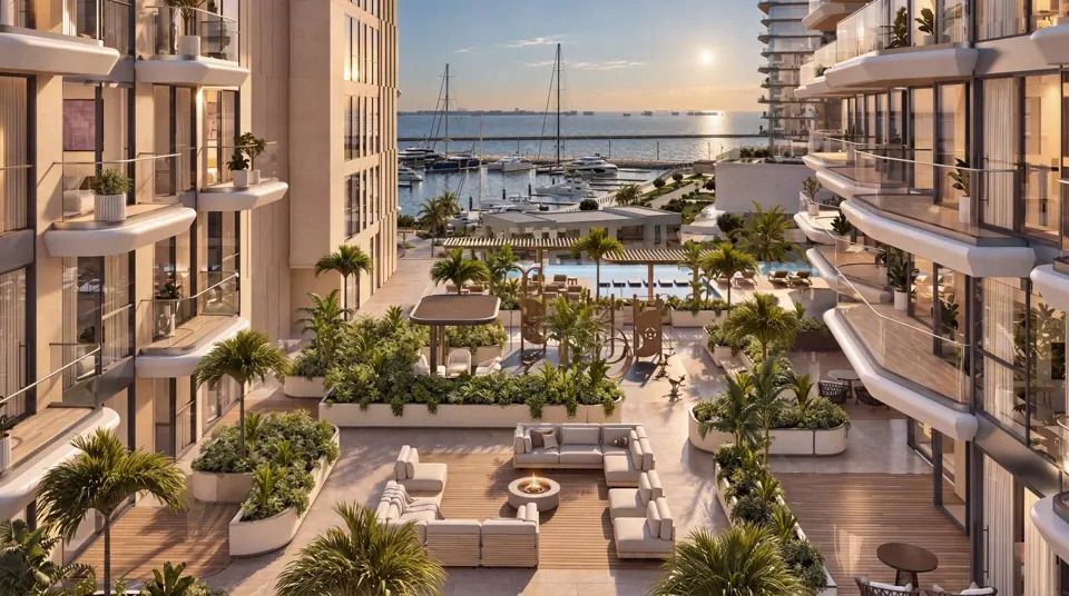 Overview of the landscaped podium with outdoor lounges and shared spaces