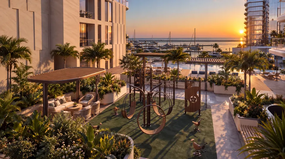 Landscaped children’s play area between the residence towers