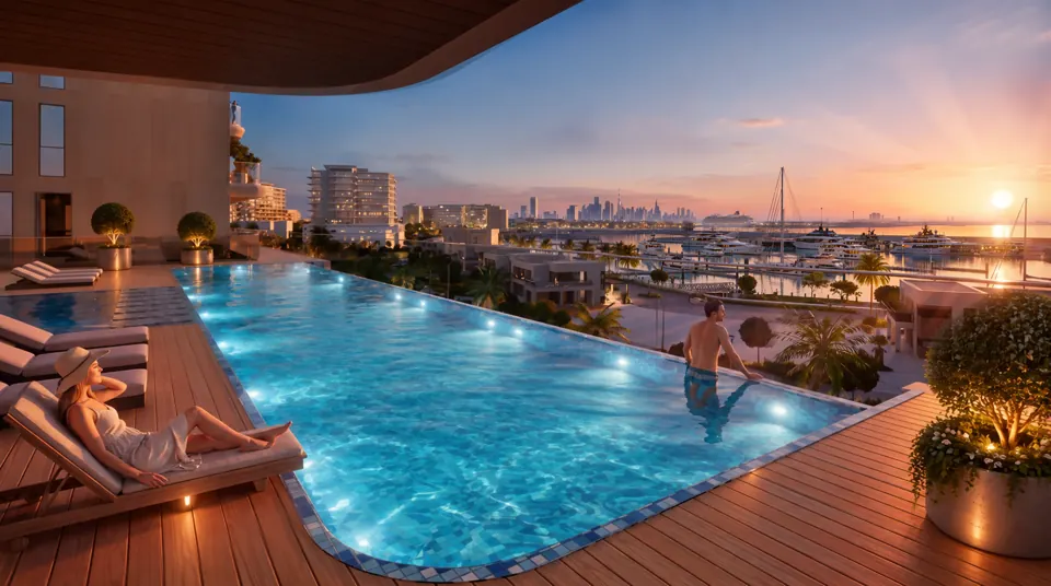 The rooftop infinity pool overlooking the marina at sunset