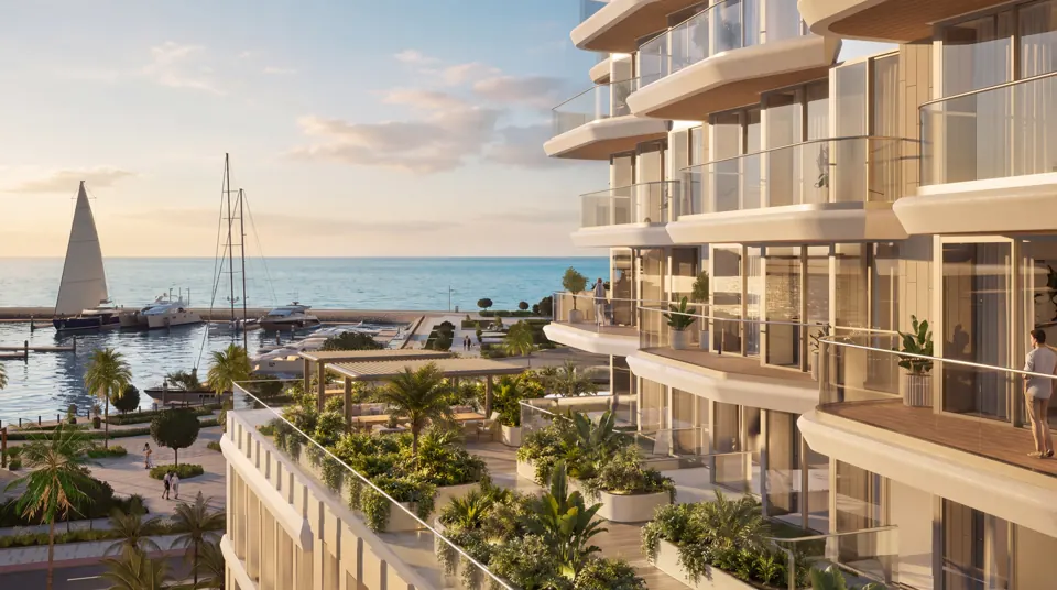 Terraces and landscaped outdoor areas facing the sea and marina