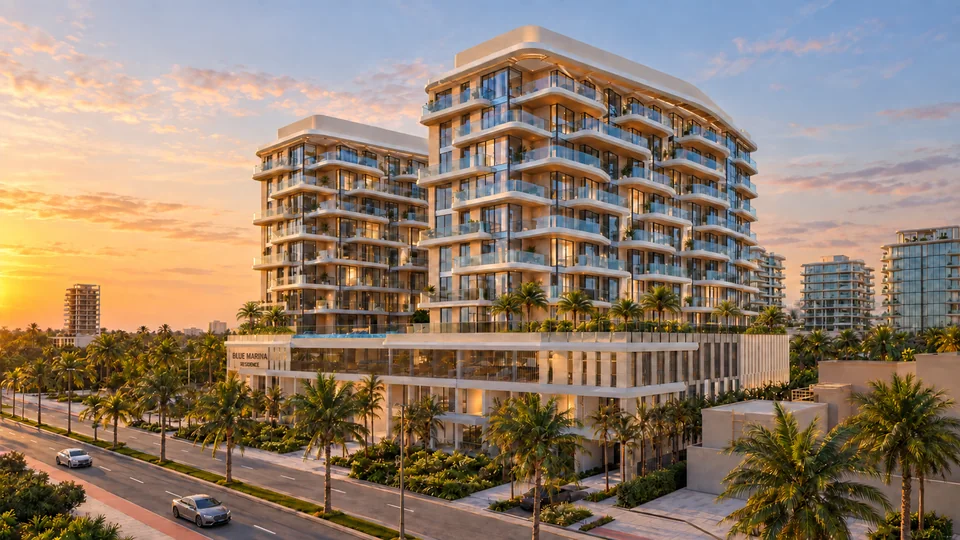 Blue Marina Residence twin towers and landscaped podium in warm sunset light