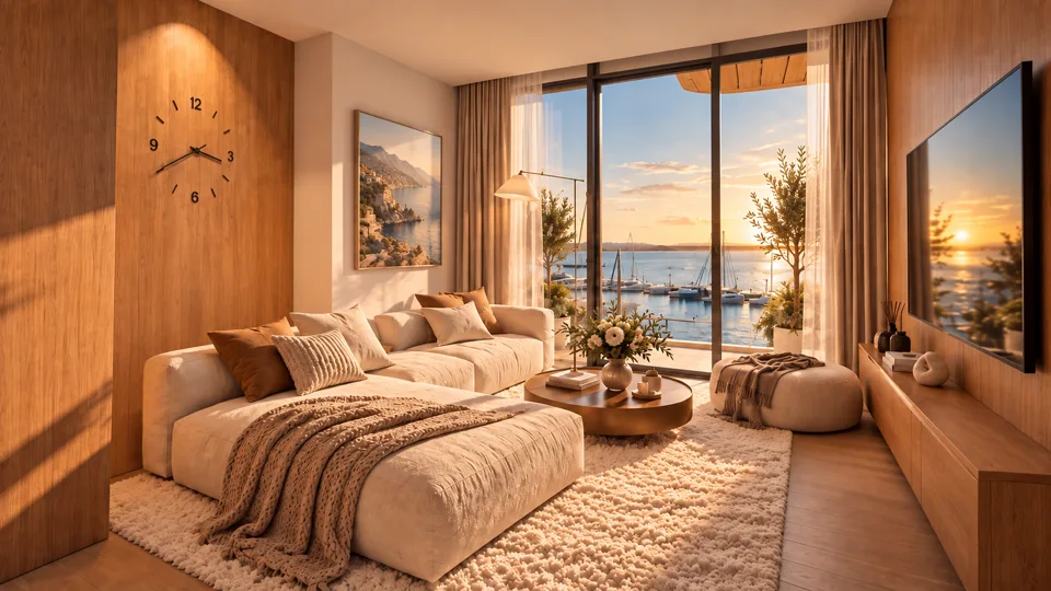 Living room opening towards marina-facing windows