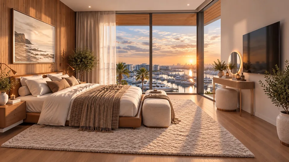 Bedroom with a marina view and a soft neutral palette
