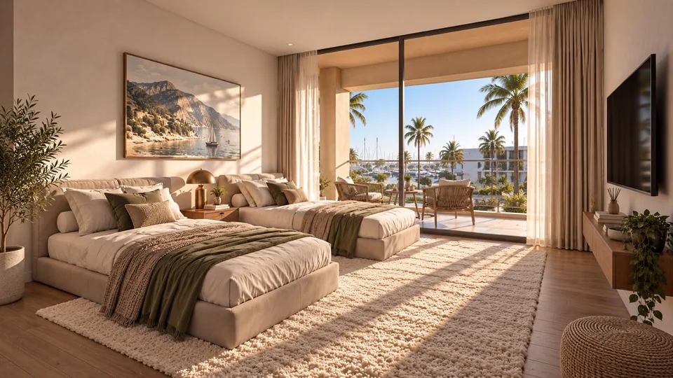 Furnished twin bedroom with natural light