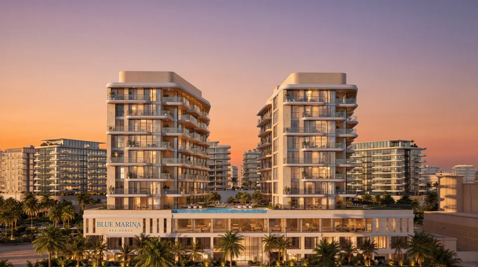 The two Blue Marina Residence towers at golden hour