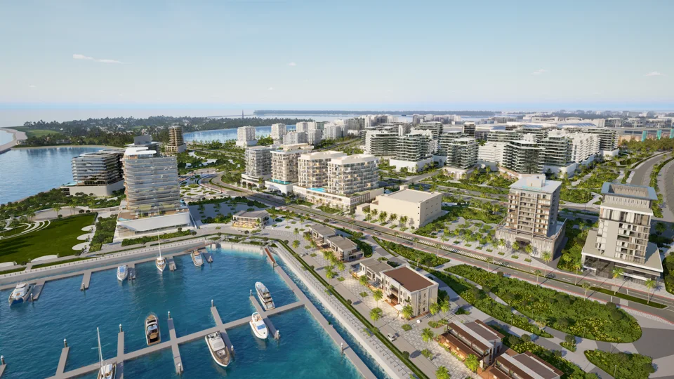 Aerial architectural visualisation of Blue Marina and its island surroundings