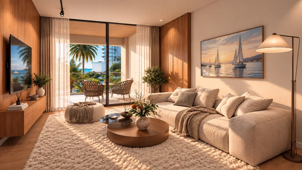 Furnished living room with warm wood finishes and yacht views