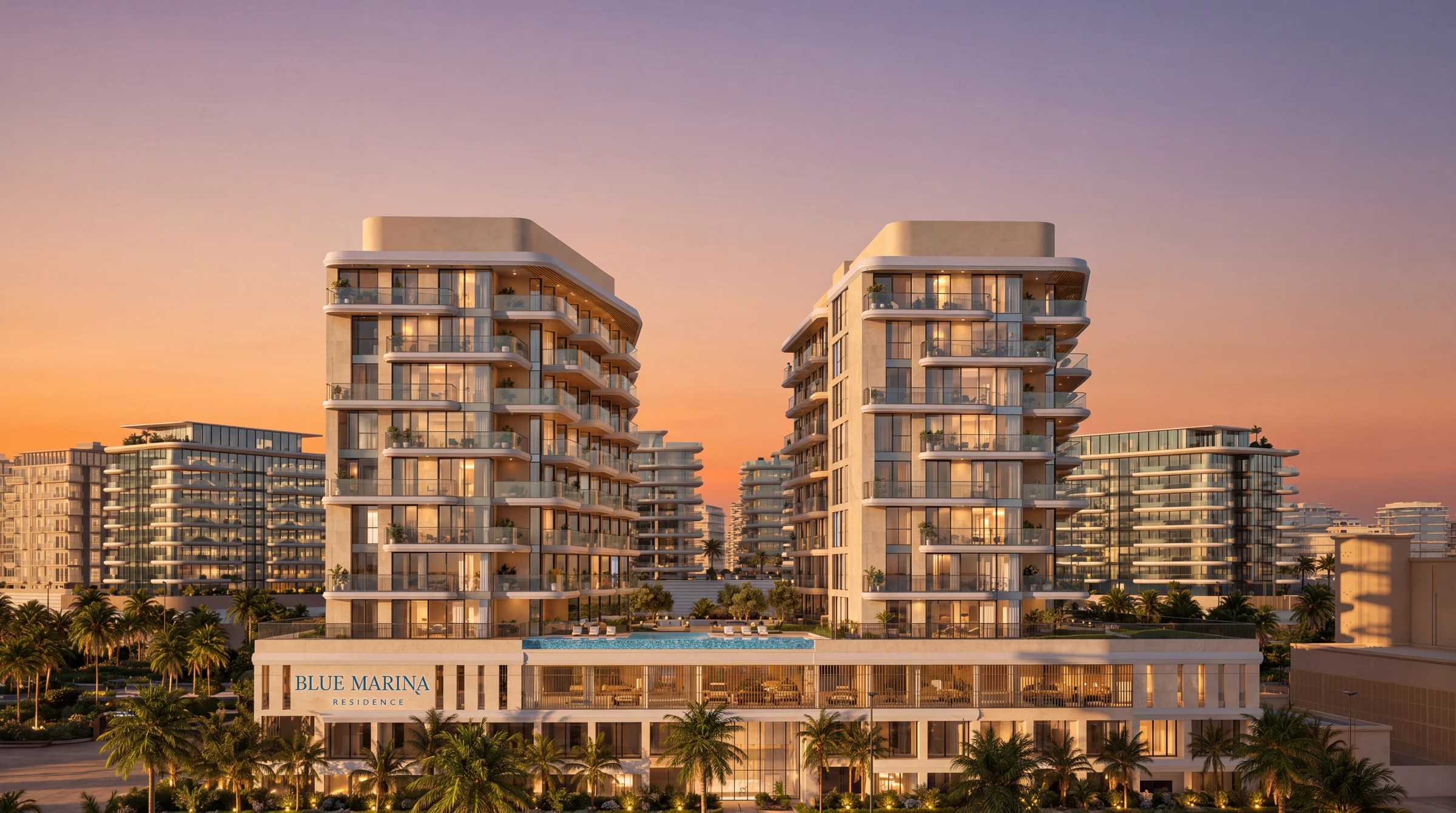 Blue Marina Residence on Dubai Islands, with twin towers overlooking the marina at sunset